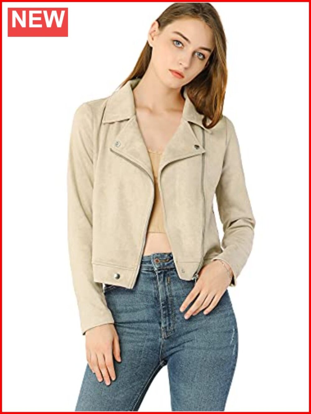Faux Suede Moto Jacket Long Sleeve Zip Up Lapel Asymmetric Beige